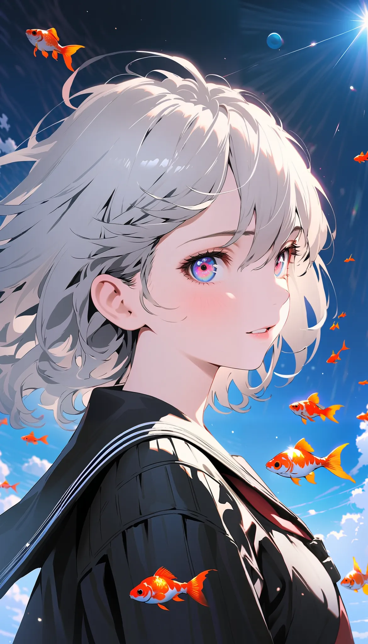 (woman\(student, Age 15, ＪＫ,  short hair,  Silver Hair, floating hair, Space-colored eyes ,  Black Sailor Suit \(High school\), pale skin,  tired face, I have no light in my eyes\) in bed looking up at the sky), (Many goldfish are swimming in the air), bea...