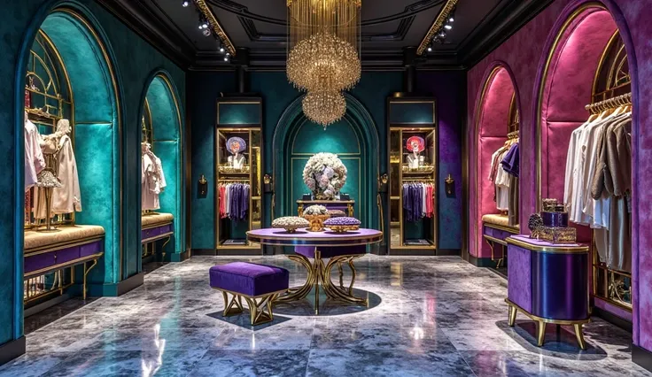 The innovative, modern and luxury fashion boutique comes to life with a rich palette of deep blues, greens, purples, and pinks, creating a bold yet sophisticated ambiance. Luxe materials like velvet, polished brass and gold, and glossy marble enhance the b...