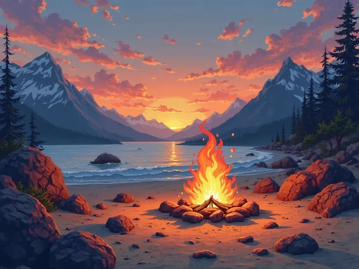 sunset beach, campfire, no people, concept art, mountains behind, painted style