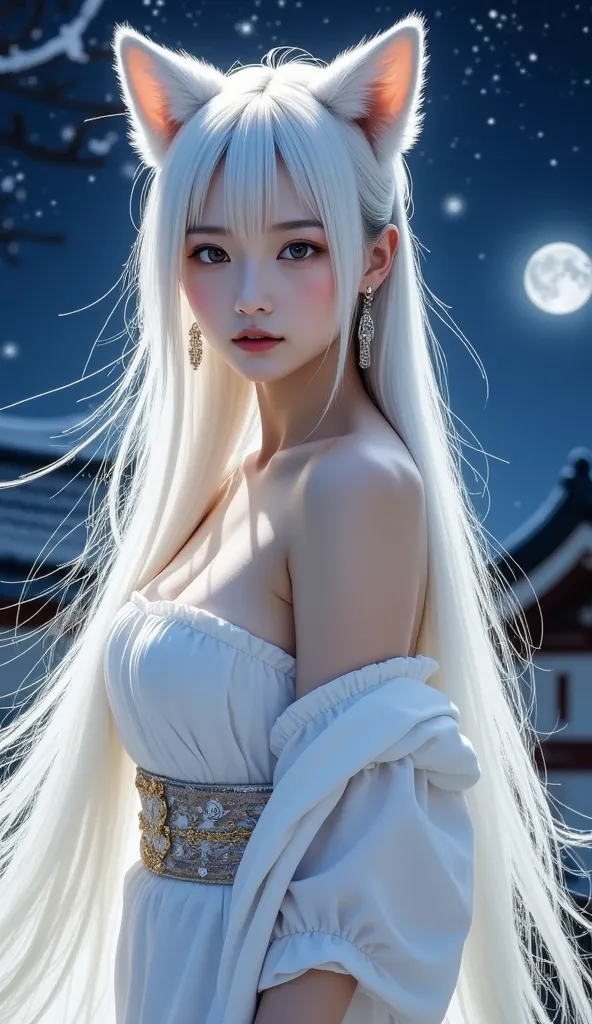 1 girl, arctic fox,Nine-tailed fox, kimono,Shrine maiden outfit, white skin,White hair color,8k, night,front,1 girl,  long hair, look at cleavage,  blushes,  long hair,  wolf ear, 4K,high resolution, textured skin, high quality, 