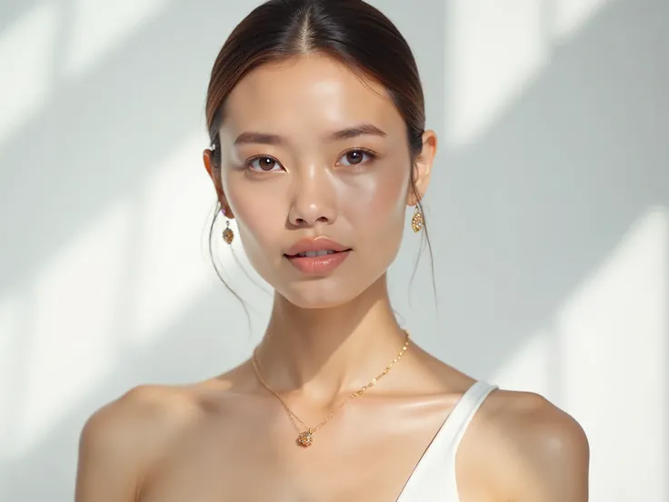 a full-length promotional photoshoot of a model for advertising clothes and jewelry. The background is white with soft shadows that emphasize her complexion.