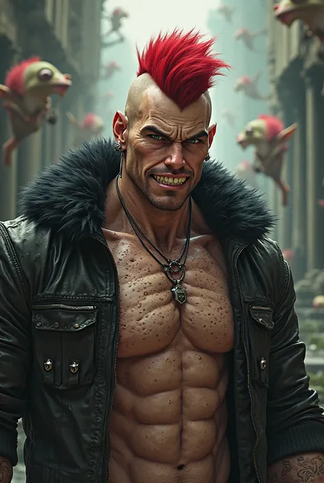 Highest quality, textured skin, Skinhead Man,Hahaha,Red Mohawk Trimming,  muscular,A jacket with black fur and leather on bare skin,earrings,Intimidating, blank stare, goblins, anime, ニヤリと笑う