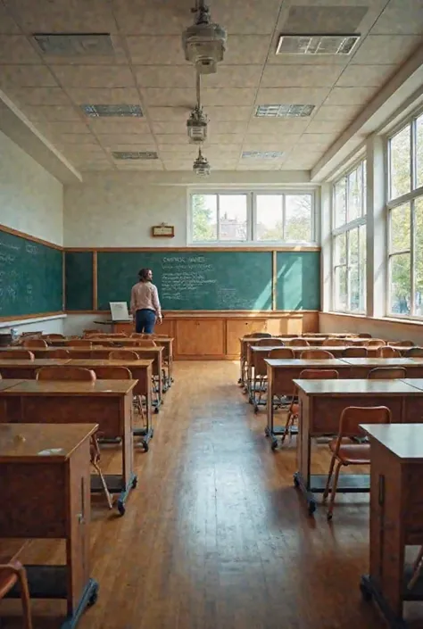 a realistic image of a large, bright classroom at the university where there are a lot of empty seats and a blackboard next to which the teacher is standing on the right side, you can see the window to the street, all this can be seen from the back of the ...