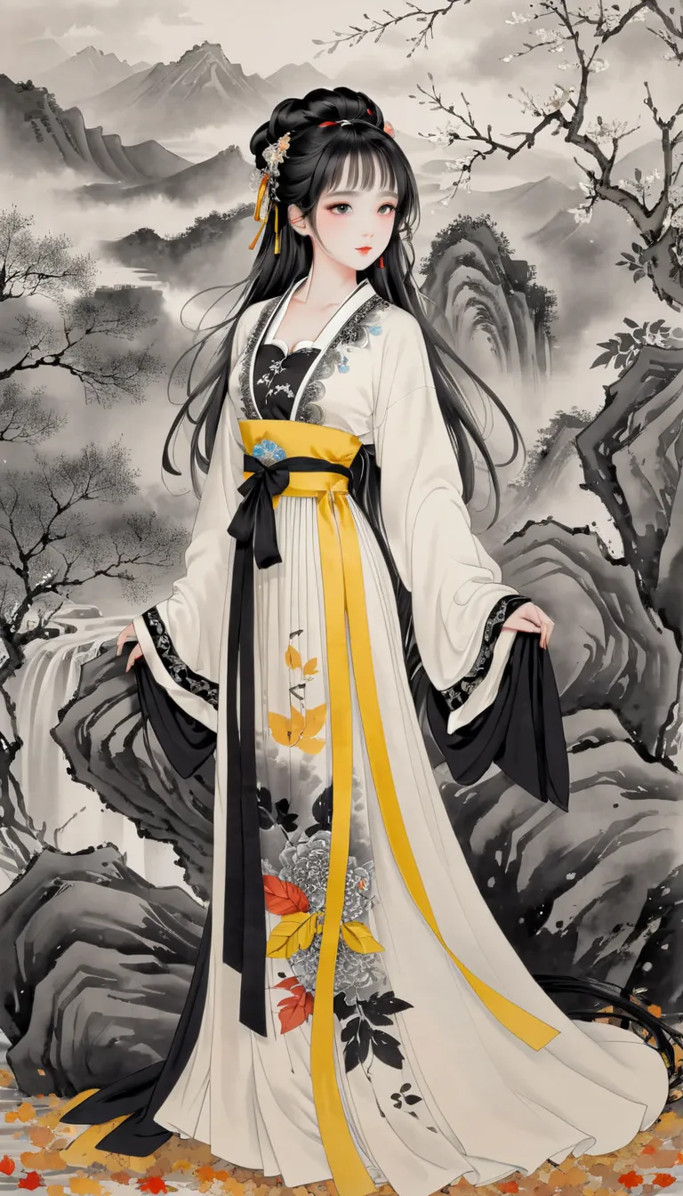  traditional Chinese ink painting ,Yanagizhi ,Black and white ink painting , ( masterpiece,best quality),  vivid illustration , long hair,Fallen Leaves,Bokeh, Mystery,Sky, Clouds ,pretty girl,The light in the eyes,Hanfu,Mountain,colorful pleated corset dre...