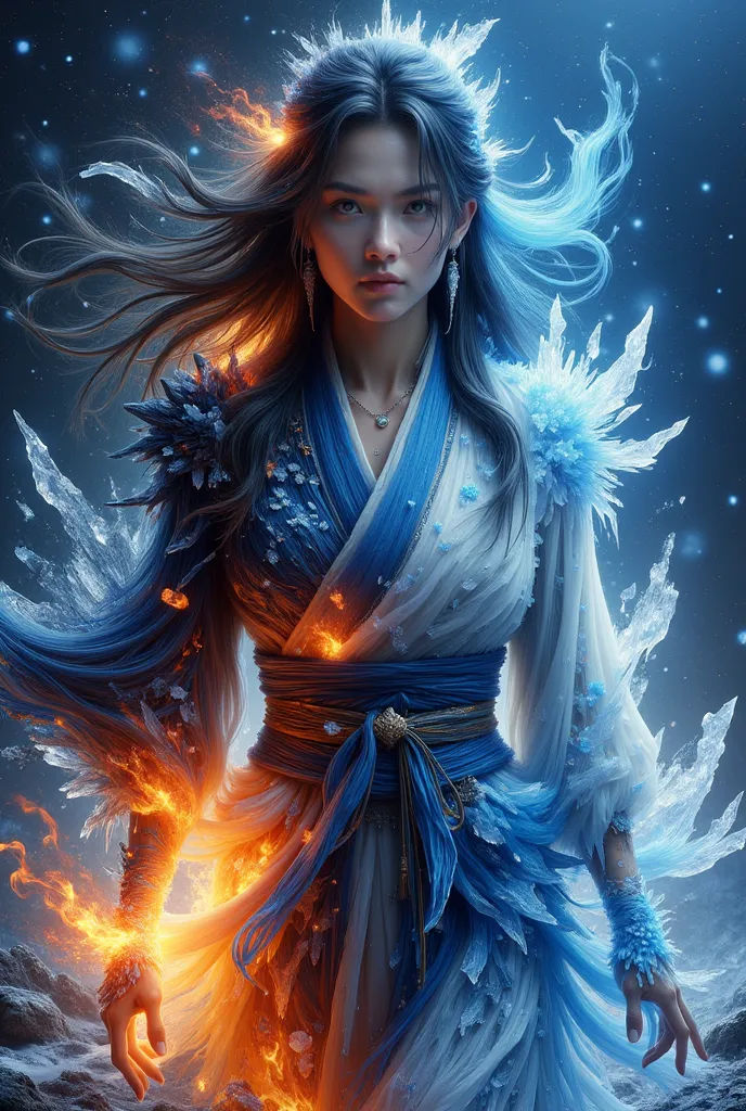 photorealist, close up, a japanese woman tall and skinny, long hair, walking front view, detailed night background,  half fire element and half ice, super detailed