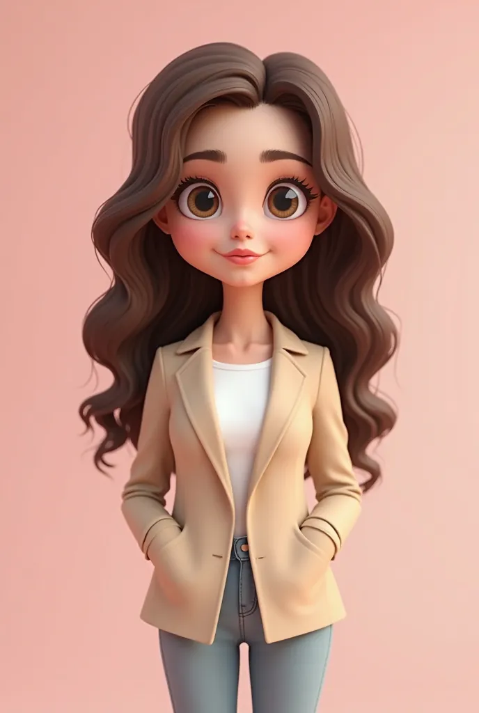 3d caricature, like a Disney character, Girl, The girl is wearing a beige blazer over a white top, standing against a light pink background, be staring straight ahead, feels like an ID photo, with a slight smile on one's face, wavy hair, Reducing the size ...