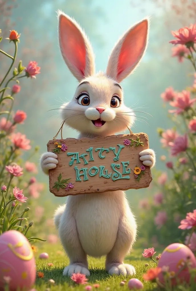 Easter bunny holds a sign that says artty house