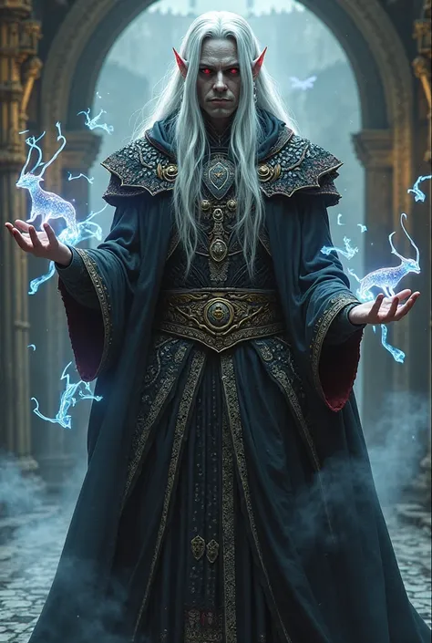 Dark elf male illusionist with dark grey skin, long white hair,  with red eyes. In an expensive medieval costume. with a magic wand. Translucent ferrets are flying around. Uses a spell. Full length.