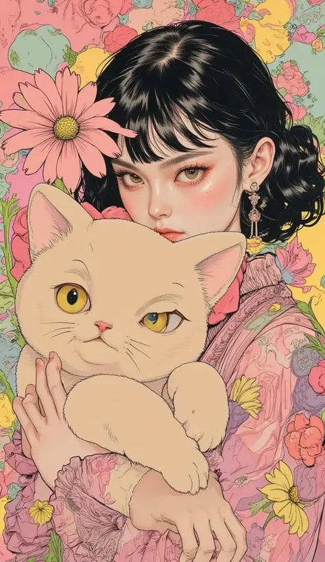  Gothic Lolita woman is hugging a big light brown stuffed cat、fruit、Feminine Gothic Aesthetics   , Close up details, Detail shot,   with clear details ,   Artie Love Blow Style , Silkscreen Art ,  closeup photo ,  extra fine ink details  ,   silkscreen pri...