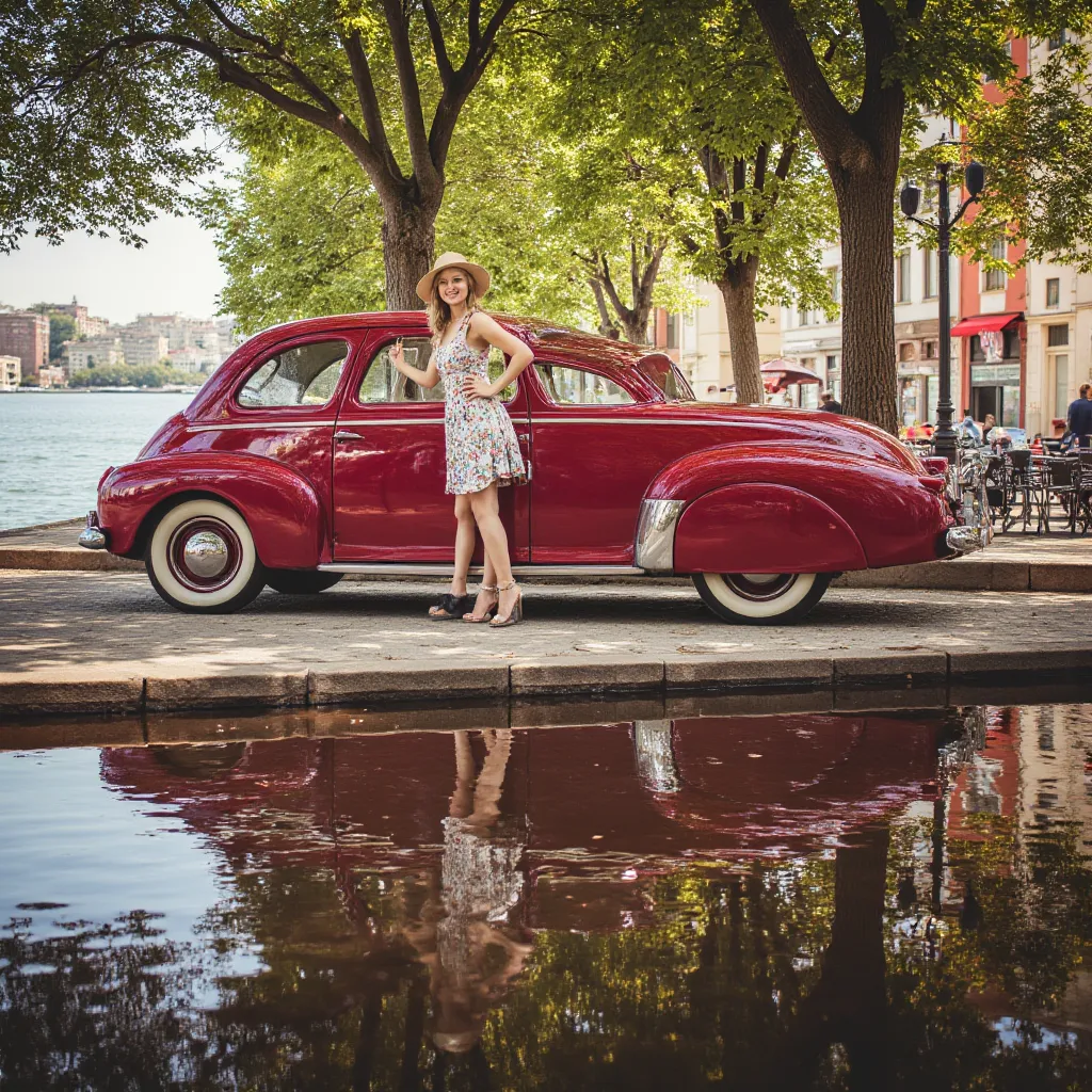 A young woman dressed in a vintage-style floral dress and a wide-brimmed straw hat, standing playfully with one hand on the open door of an iconic, cherry-red classic car, parked along a picturesque riverbank. The car, a gleaming symbol of a bygone era, fe...