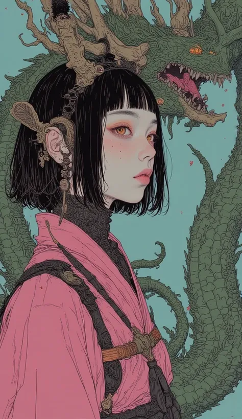 Close up of a woman in pink and green samurai armor, An elaborate painting inspired by Yangjun Chen, Tumbler, fantasy art depicting a dragon, beautiful digital art standing under a star, pop japonism 3d ultra detail ,  Feudal Japanese Art , Make it an amaz...