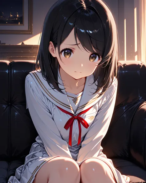 masterpiece, best quality, high quality, highres,

black hair, medium hair, swept bangs, tareme, Round face, cute face, furrowed brow,

white sailor uniform, red ribbon, 

1girl, indoors, Sitting on a black sofa, in the evening,