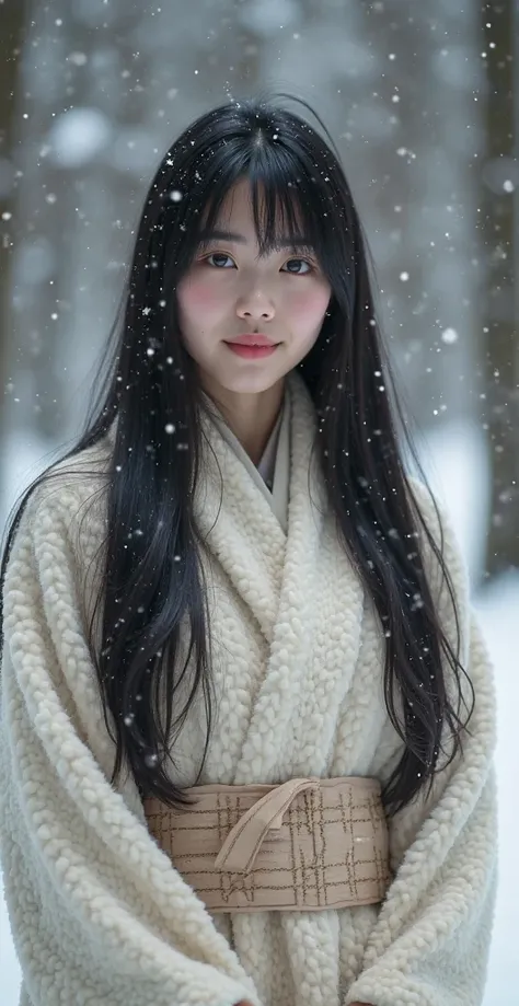 High quality. A real Oriental Japanese girl with 18 years old with beyond floor length black hair and see her "whole" body wearing thick lambswool traditional Wafuku standing nearby hot springs inside the forest, must see her whole body. The scenario of fo...