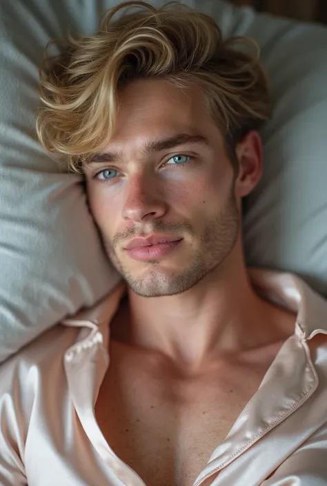 "Beauty omega male, soft man, age 21, detailed face, no beard, no mustache, blue eye, long lash, mole under right eye, smooth fair skin face, pink original simatry lips, dimple smile, blonde shaggy hairstyle, normal BMI, skiny body, in satin pajamas shown ...