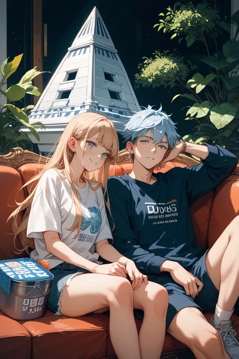  Japanese　men and women　A slender woman with clear eyes and nose　long hair　Dogs and women wear triangular shaped plastic triangular pyramid buckets　Dogs also wear triangular hats　　Sitting on Couch　Anime/Manga