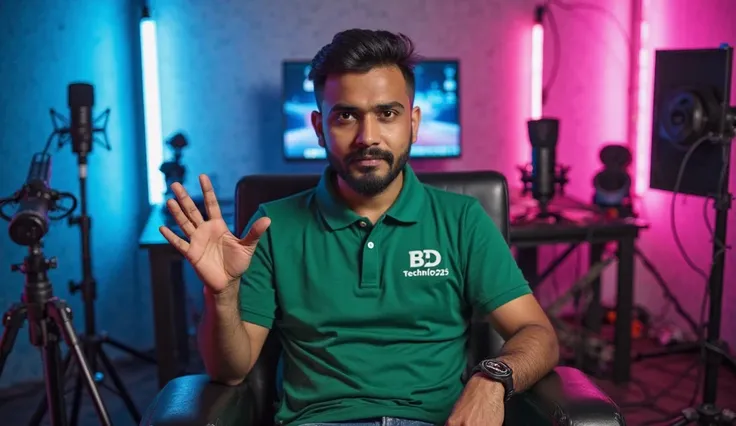 A Bangladeshi man confidently sitting on a modern ganing chair in his Youtube Studio. He is wearing a stylish green polo t-shirt with BD Techinfo25 printed on it. His face is clearly visible and expressive then is describing with his hand as if explaining ...