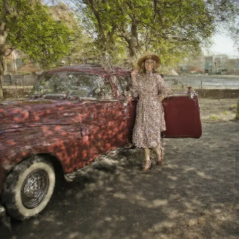 A young woman dressed in a vintage-style floral dress and a wide-brimmed straw hat, standing playfully with one hand on the open door of an iconic, cherry-red classic car, parked along a picturesque riverbank. The car, a gleaming symbol of a bygone era, fe...