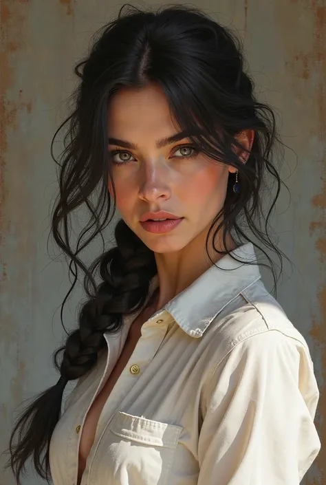 Adult european cowgirl, one braid, black Hair, light eyes, white shirt, light skin, digital art, realism, painting art