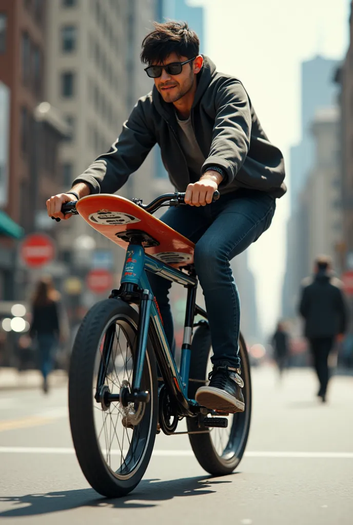 A bike with a skateboard attached to the top tube (horizontal frame) with someone pedaling
