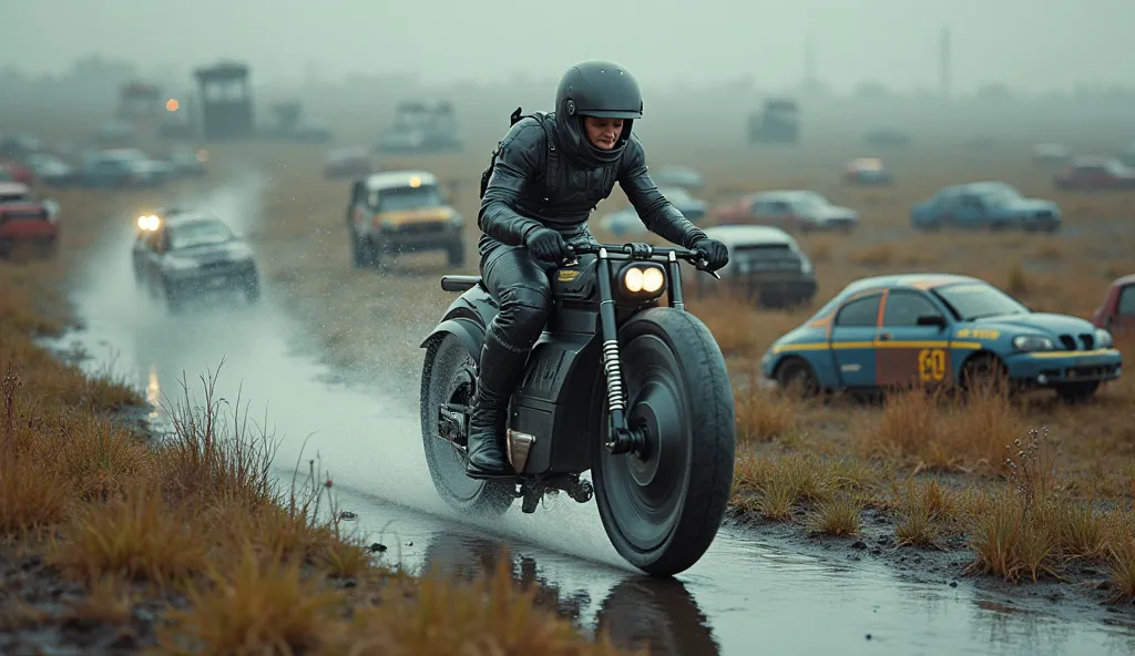 Riding a rain-drying bike at a car field crashing down a hill