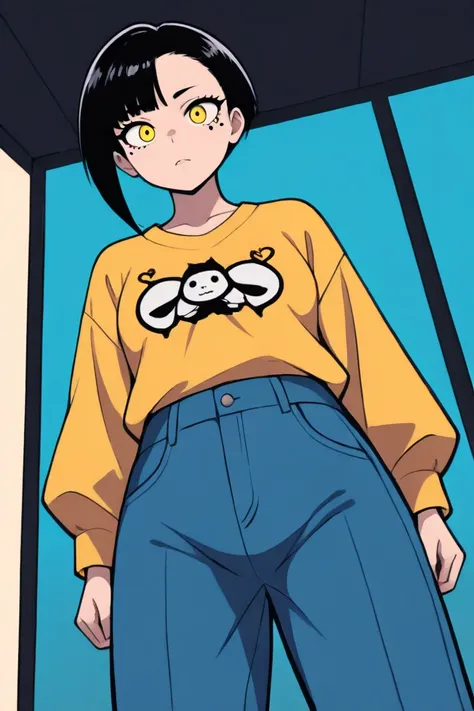  high resolution,   boyish ,   1 girl,  black hair, Sporty shortcuts,   asymmetrical hairstyle  ,  Asymmetrical bangs,   yellow eyes,  There are three circles in the middle of the eye,  Skater Style Street Fashion, slightly oversized bottoms, standing,  fu...