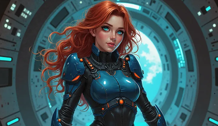 Create a highly detailed illustration of a white woman with long, flowing curly red hair and striking blue eyes. She has pale, fair skin and an hourglass silhouette, wearing a sleek, full-body armor suit made of advanced materials that provide both protect...