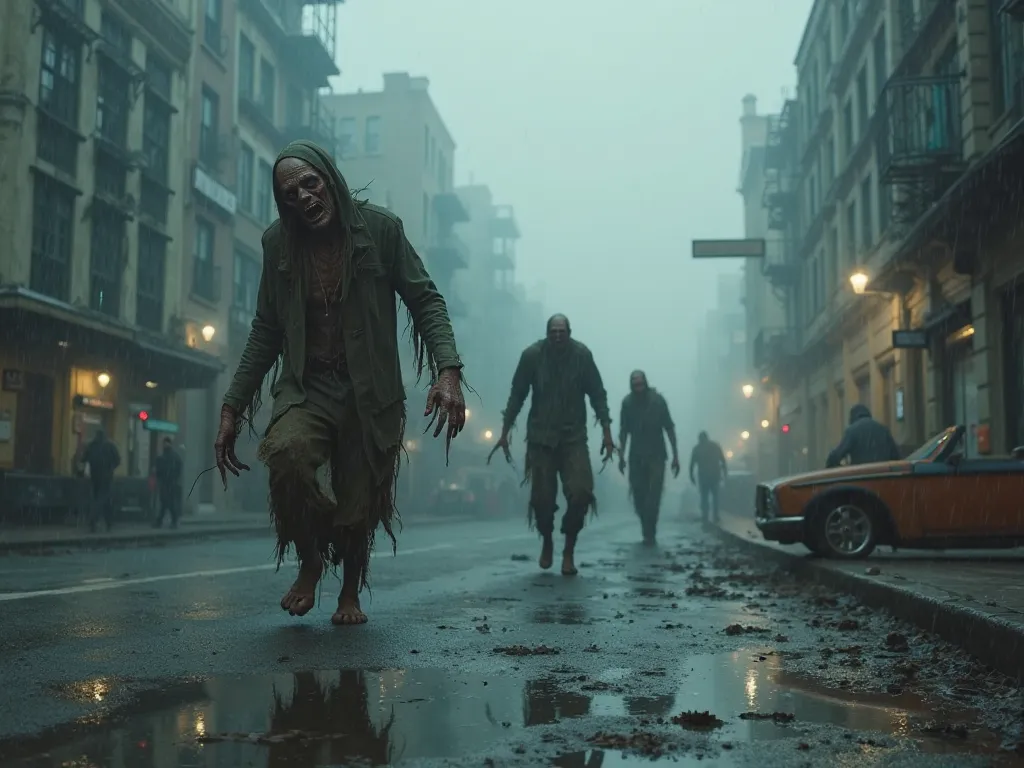 Zombies roam in a dark rainy foggy city