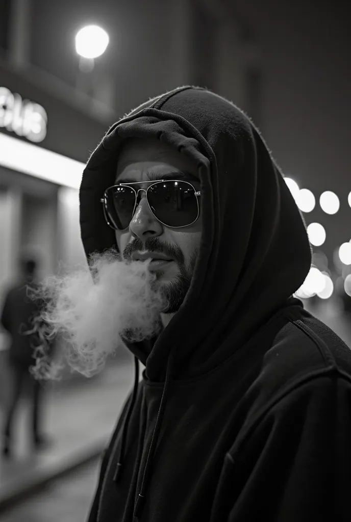 A black and white portrait of a man wearing a hoodie and sunglasses, standing under the flickering street light at night. his breath can be seen in the cold air, and in the background you can see the distant light of the entrance to a nightclub. His face i...