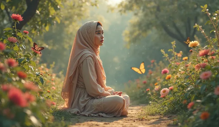 Create a images of Muslim girl sitting in a garden 