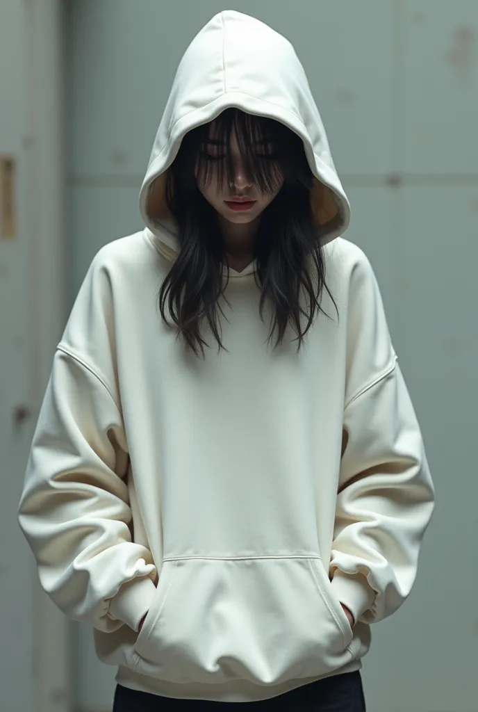 female with white hoodie walking like an introvert eyes is covered by hair and both hands inside the pocket of hoodie