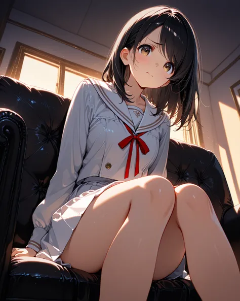 masterpiece, best quality, high quality, highres,

black hair, medium hair, swept bangs, tareme, Round face, cute face, furrowed brow,

white sailor uniform, red ribbon, 

1girl, indoors, Sitting on a black sofa, in the evening, from below,