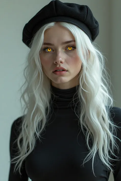 You have an image of a beautiful Russian girl, with tanned skin and angelic appearance, with long platinum white hair and shiny neon YELLOW eyes, Wearing black spy clothes and beret,  realistic style