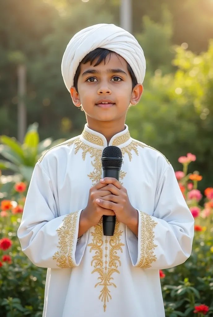 A handsome 20-year-old Pakistani boy with a serene and graceful expression is dressed in a traditional white Islamic outfit adorned with elegant golden embroidery. He wears a matching white turban, adding to his dignified and cultural appearance. Holding a...