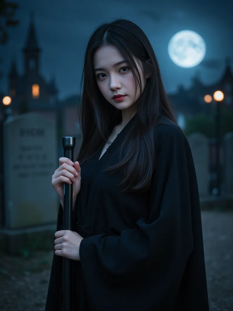 (( Witch))、 female wizard 、sexy robe、background castle graveyard、Cane、 Midnight、fantastic night、Cute girl、20 years old、woman, cute、super detailed,(((realistic, photo realistic, photo-realistic:1.37))), high definition ,超 high definition , Studio Lighting ,...