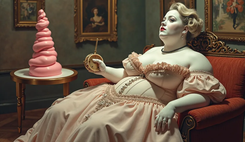 A botero like fat fat fat woman. Realistic. Ultra white make up on face and body. Victorian era corset and dress. She lounges on a vintage couch. She plays a tambourine. She is looking sideways Scene in soft focus is a posh vintage house interior with pain...