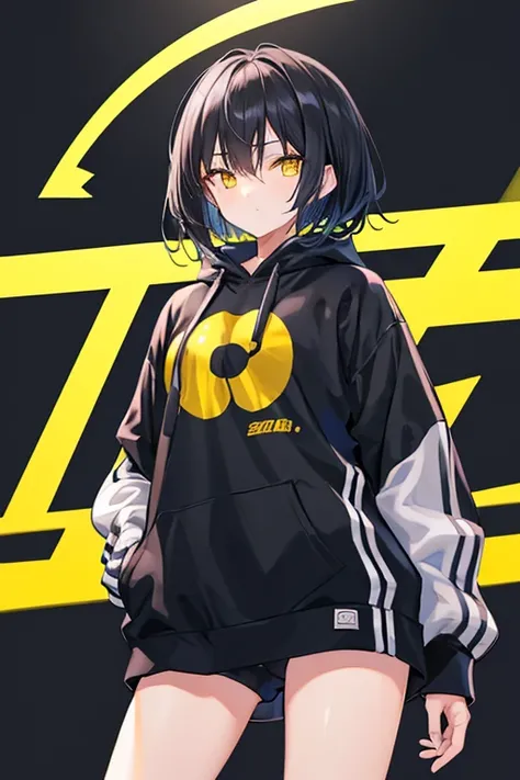  high resolution,   boyish ,   1 girl,  black hair, Sporty shortcuts,   asymmetrical hairstyle  ,  Asymmetrical bangs,   yellow eyes,  There are three circles in the middle of the eye,  Skater Style Street Fashion, slightly oversized bottoms, standing,  fu...