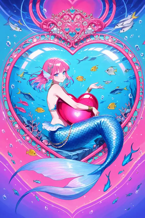 cool beauty, pink color hair, slender body, sit inside Heart-shaped object , Indian exotic fashion, neon motif room, 1 Heart-shaped object, mermaid, white and blue fish,