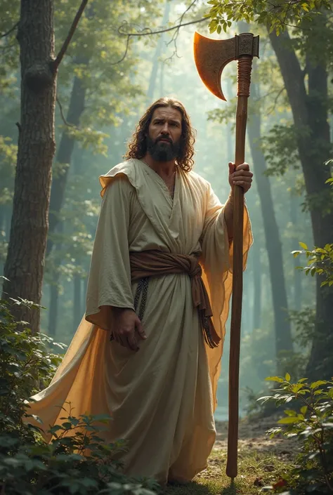 Make me an image of a fire axe that Jesus is holding in the woods