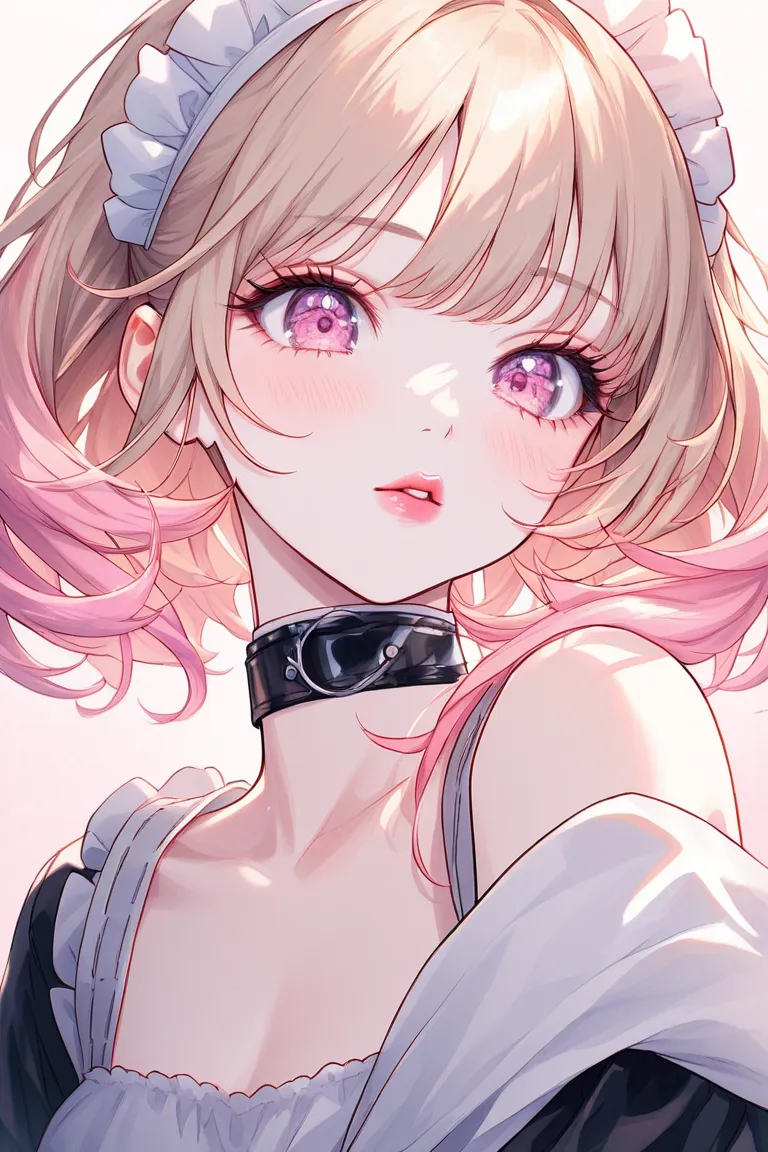 watercolor、 white、 white skin、Glossy feel、 whiteフィルム、 illustrations、1 girl、 beautiful face、cute、pastel background、Half Body、very scrawny、beige hair 、pink gradient hair 、light pink eyes、droopy eyes、Eyelashes、looking down、maid clothes、choker、pink cheeks、 sma...