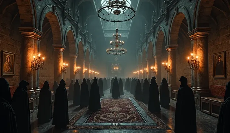 A dark and ancient royal court, filled with shadows and torch-lit walls, an intense atmosphere of secrecy and conspiracy