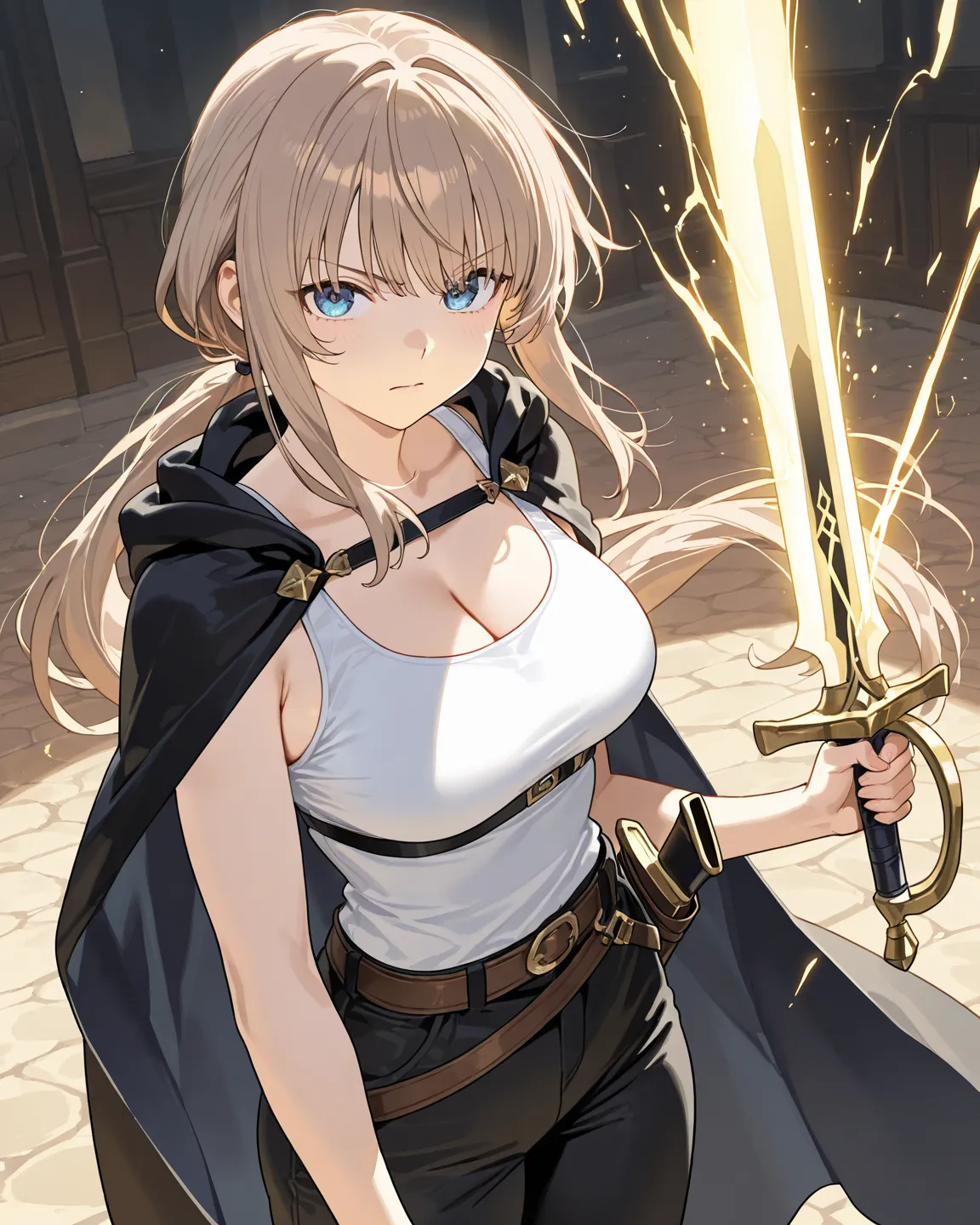 Light brown hair, white tank top, orange eye, serious face, slightly thick bangs, medium breast size, holding the sword in its sheath, black pants, low ponytail, adult female, black cape