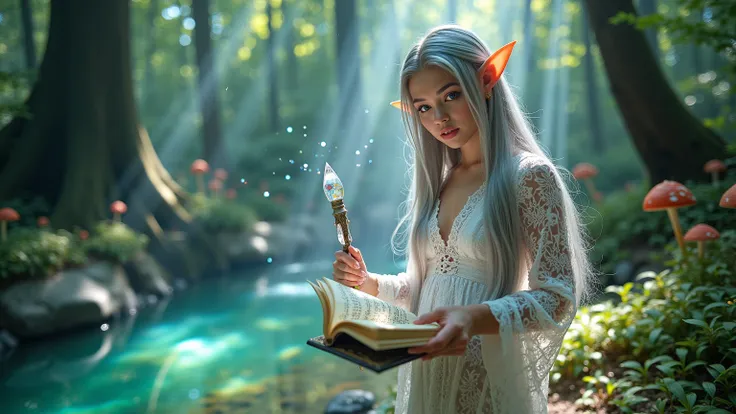 A fantasy-inspired girl with a mystical and ethereal appearance. She has long, flowing silver hair that shimmers under the light and translucent blue eyes filled with depth. Her elf-like pointed ears peek out gracefully from her hair. She is dressed in a d...