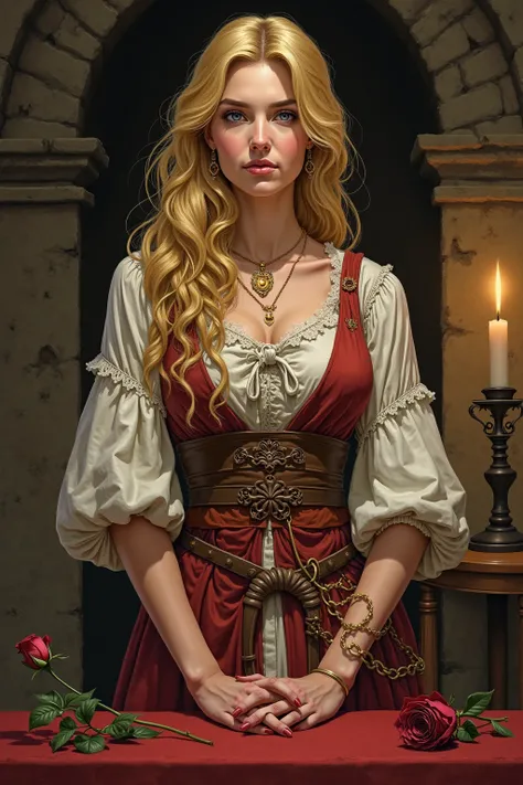 A realistic medieval fantasy portrait of a courtisane. She is 38 years. She wears a golden ring and a knotted belt. She is blond. The settings is a medieval brothel with a prominent place for a wilted rose and an extinguished candle. The colors are natural...