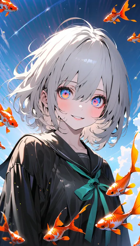 (woman\(student, Age 15, ＪＫ,  short hair,  Silver Hair, floating hair, Space-colored eyes ,  Black Sailor Suit \(High school\), pale skin,  tired face, I have no light in my eyes\) in bed looking up at the sky), (Many goldfish are swimming in the air), bea...