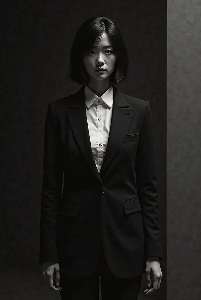 girl in a dark formal white shirt suit, short-haired bob 