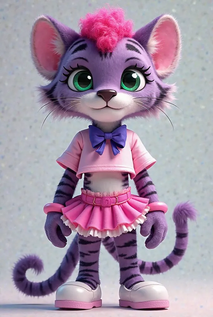 Anthropomorphic Tiger, Purple fur, Dark Indigo patterns, Pink ears, Green eyes, Black nose, Wide open shaped eyes, Classic shaped nose, Hot Pink curly hair, Hybrid Lashes, Red blush cheeks, Pink crop top, White Short Sleeves, Pink Frilly Skirt, White Platf...