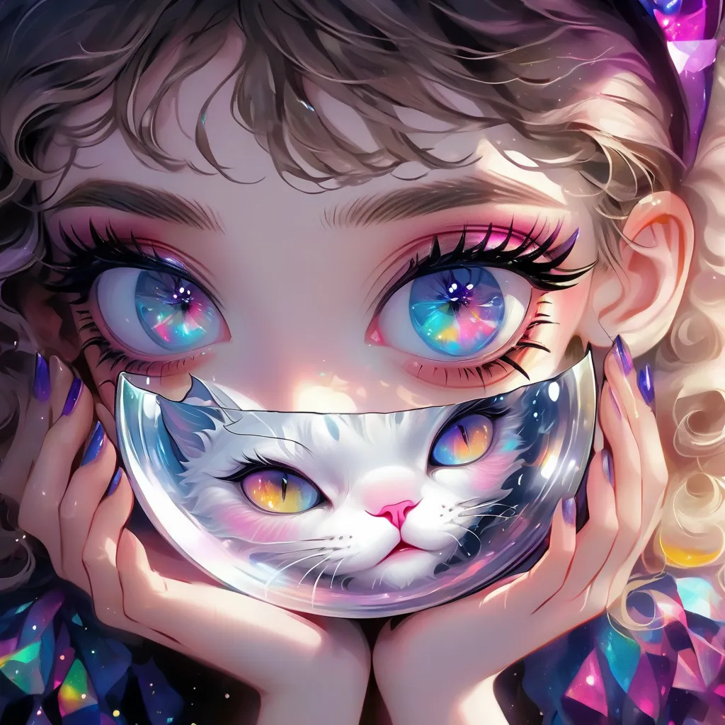 A  and a cat are trapped in a crystal ball， Bright Colors ，Dramatic Lighting，Dreamy atmosphere，beautiful detailed eyes，Beautiful Delicate Lips，extremely detailed face，Long eyelashes， rough texture ，Hand-drawn style，