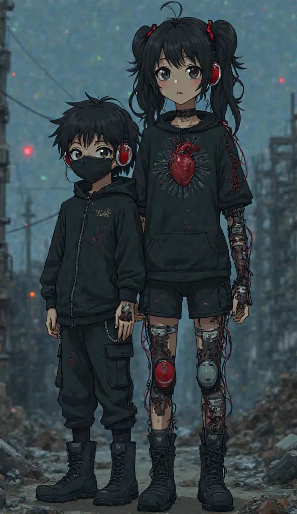 Semi-destroyed girl with curly black hair with pigtails wearing black clothes, On her right arm and leg she has robotic parts with red and black cables, in the chest, an artificial heart and robotic parts and headphones on the face, By your side, a boy wit...