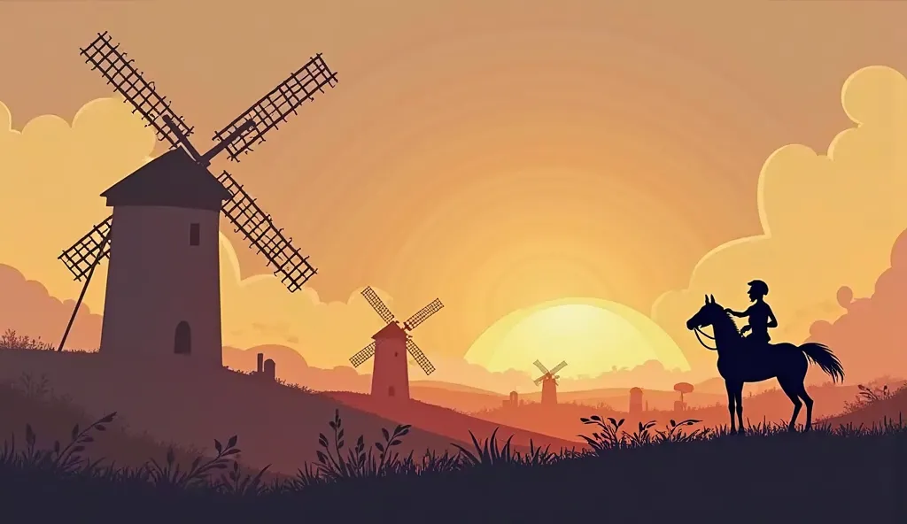 "Design a miniature that captures the essence of Don Quixote's adventure.  In the background, includes a landscape of La Mancha at dusk, with several scattered windmills. One of the windmills should have a shape that resembles a giant, with stylized arms a...