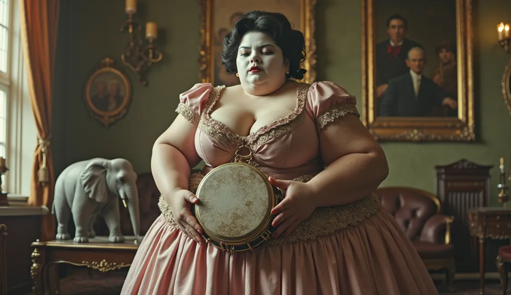 A botero like fat fat fat woman. Realistic. Ultra white make up on face and body. Victorian era corset and dress. She stands but slouches. She plays a big big tambourine. She is looking sideways Scene in soft focus is a posh vintage house interior with pai...